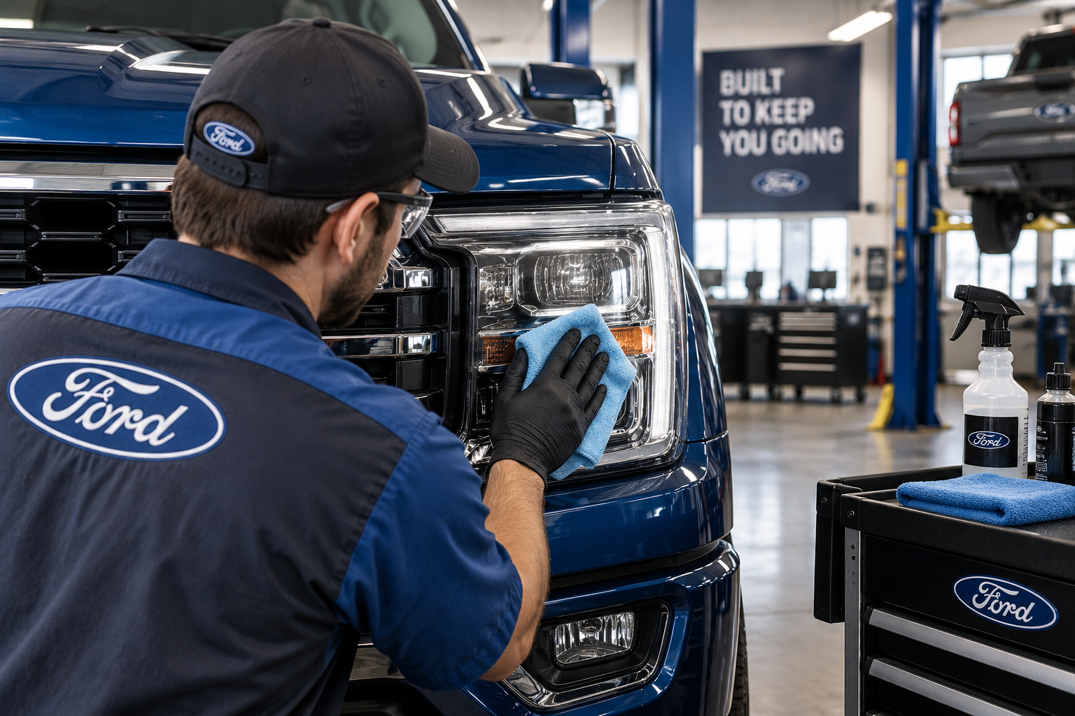 Ford Tech cleaning headlights