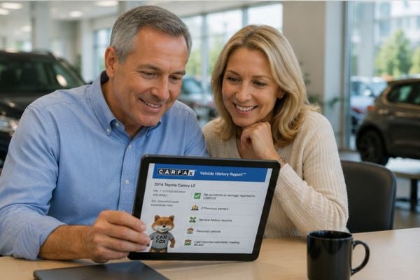couple looking at carfax vehicle history report