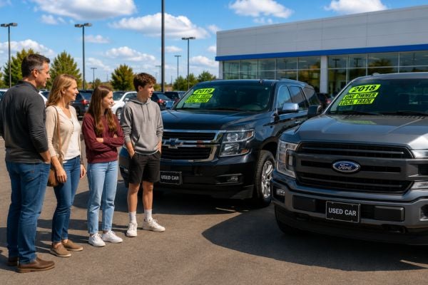 couple looking at used trucks